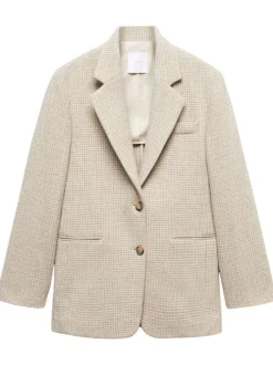 Blazer en laine mélangée beige avec un imprimé pied de poule et un col cranté