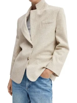 Blazer en laine mélangée beige avec un imprimé pied de poule et un col cranté
