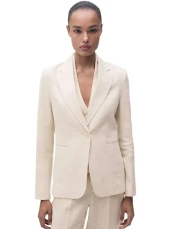 Blazer en lin beige clair uni à coupe cintré avec des poches passepoilées