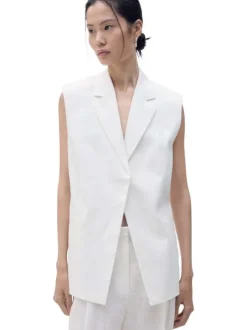 Blazer en lin blanc uni avec une coupe droite et un col v à revers