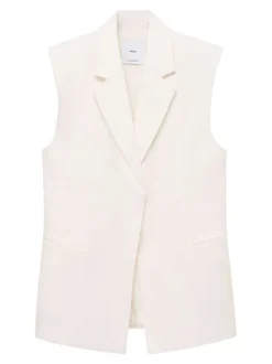 Blazer en lin blanc uni avec une coupe droite et un col v à revers