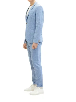 Blazer en lin et coton bleu chiné avec une coupe ajusté et un col cranté