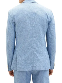 Blazer en lin et coton bleu chiné avec une coupe ajusté et un col cranté