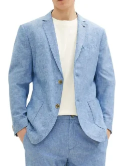 Blazer en lin et coton bleu chiné avec une coupe ajusté et un col cranté