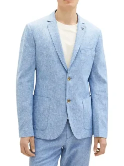 Blazer en lin et coton bleu chiné avec une coupe ajusté et un col cranté