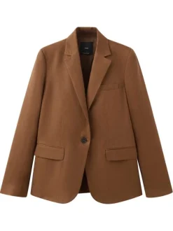 Blazer en lin marron uni pourvu d'une coupe droite et d'un col à revers