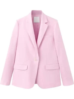 Blazer en lin rose uni pourvu d'une coupe droite et d'un col à revers