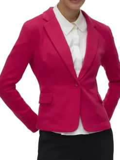 Blazer fuchsia coupe ajustée pourvu d'un col cubain et de manches longues