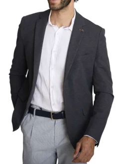 Blazer marine à coupe ajustée pourvu d'un col tailleur et de manches longues