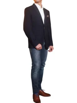 Blazer marine uni coupe ajustée avec un col cubain et des manches longues