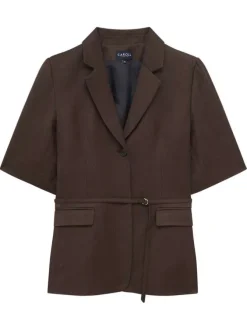 Blazer marron uni pourvu d'une ceinture intégrée et de manches courtes