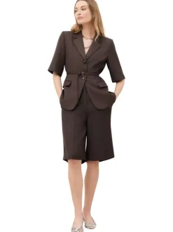 Blazer marron uni pourvu d'une ceinture intégrée et de manches courtes