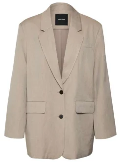 Blazer mi-long chocolat chiné à coupe droite col cranté et à manches longues