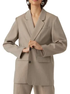 Blazer mi-long chocolat chiné à coupe droite col cranté et à manches longues