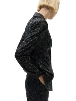 Blazer noir avec sequins à coupe droite, col à revers et à manches longues