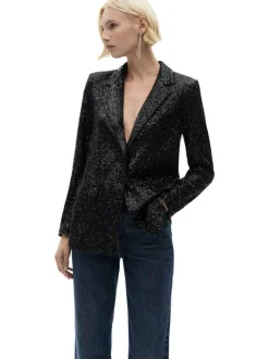 Blazer noir avec sequins à coupe droite, col à revers et à manches longues