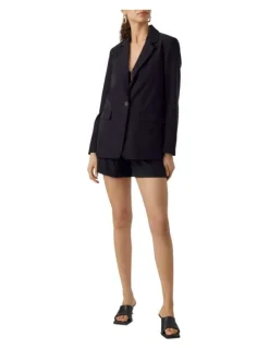 Blazer noir uni à coupe droite col cranté et à manches longues