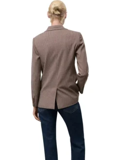 Blazer taupe à imprimé pied-de-poule avec une coupe ajustée et des poches