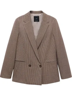Blazer taupe à imprimé pied-de-poule avec une coupe ajustée et des poches