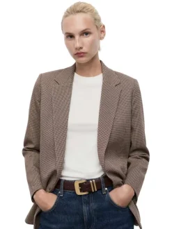 Blazer taupe à imprimé pied-de-poule avec une coupe ajustée et des poches
