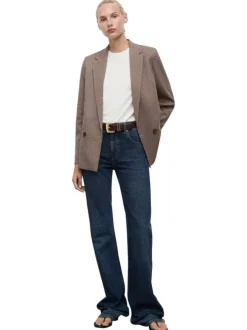 Blazer taupe à imprimé pied-de-poule avec une coupe ajustée et des poches