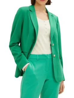 Blazer vert satiné léger à col cranté à revers et fermeture 2 boutons nacrés