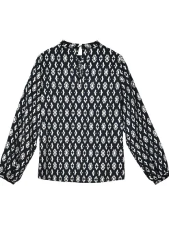 Blouse noire à imprimé losanges droite avec col rond et à manches longues