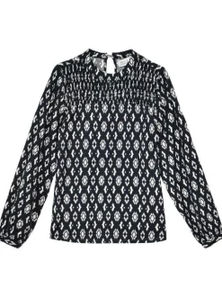 Blouse noire à imprimé losanges droite avec col rond et à manches longues