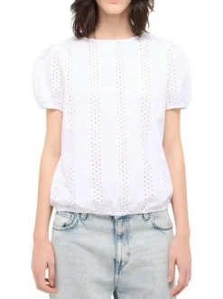 Blouse Assaria en coton blanche unie à coupe droite, col rond et ajouré