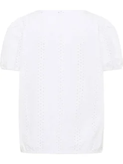 Blouse Assaria en coton blanche unie à coupe droite, col rond et ajouré