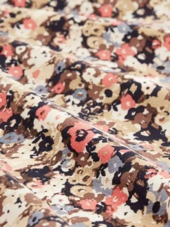 Blouse beige imprimé floral à coupe droite col v et à manche 3/4