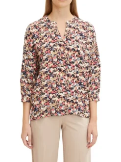 Blouse beige imprimé floral à coupe droite col v et à manche 3/4