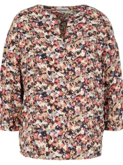 Blouse beige imprimé floral à coupe droite col v et à manche 3/4