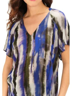 Blouse bleue imprimée ample et fluide à col v et à manches courtes