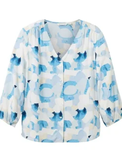 Blouse bleue imprimée avec une coupe droite col v et manches longues
