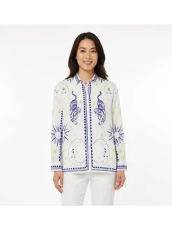 Blouse Chani blanche et bleue à motifs pourvue d'un col français