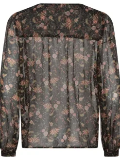 Blouse chocolat en voile fleuri avec une coupe droite et col v