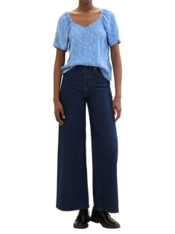 Blouse ciel imprimée coupe droite col v et à manches courtes