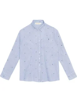 Blouse Coraline en coton bleue à rayures pourvue d'un col français