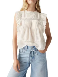 Blouse écrue unie à coupe droite avec un col rond sans manches