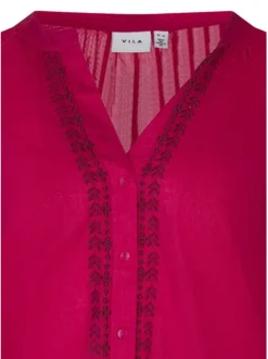 Blouse en coton biologique fuchsia unie pourvue d'un col tunisien