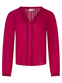 Blouse en coton biologique fuchsia unie pourvue d'un col tunisien