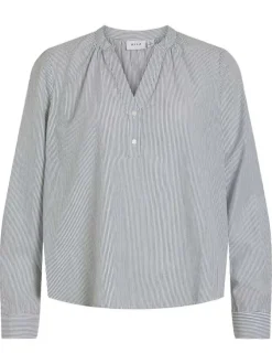 Blouse en coton blancà imprimé rayé pourvue d'un col v et de manches longues