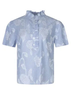 Blouse en coton ciel à rayures dotée d'une coupe droite et d'un col montant