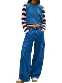 Blouse en coton indigo unie avec coupe droite et un col rond