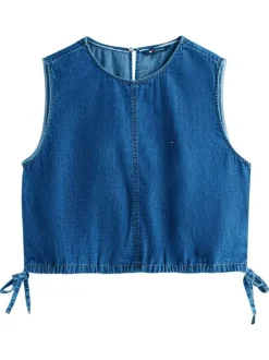 Blouse en coton indigo unie avec coupe droite et un col rond