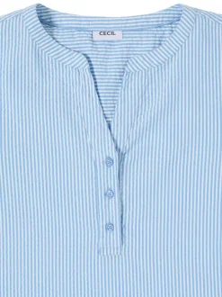 Blouse en coton mélangé bleue à rayures pourvue d'un col tunisien