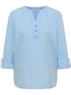 Blouse en coton mélangé bleue à rayures pourvue d'un col tunisien