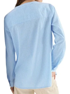 Blouse en coton mélangé bleue à rayures pourvue d'un col tunisien