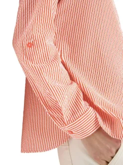 Blouse en coton mélangé orange à rayures pourvue d'un col tunisien